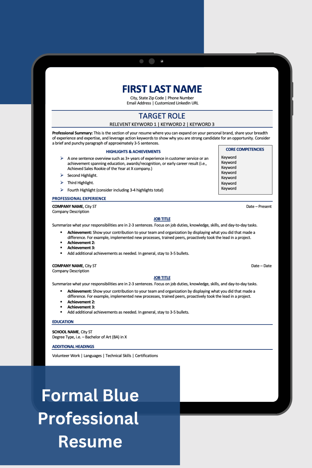 Formal Blue Professional Resume